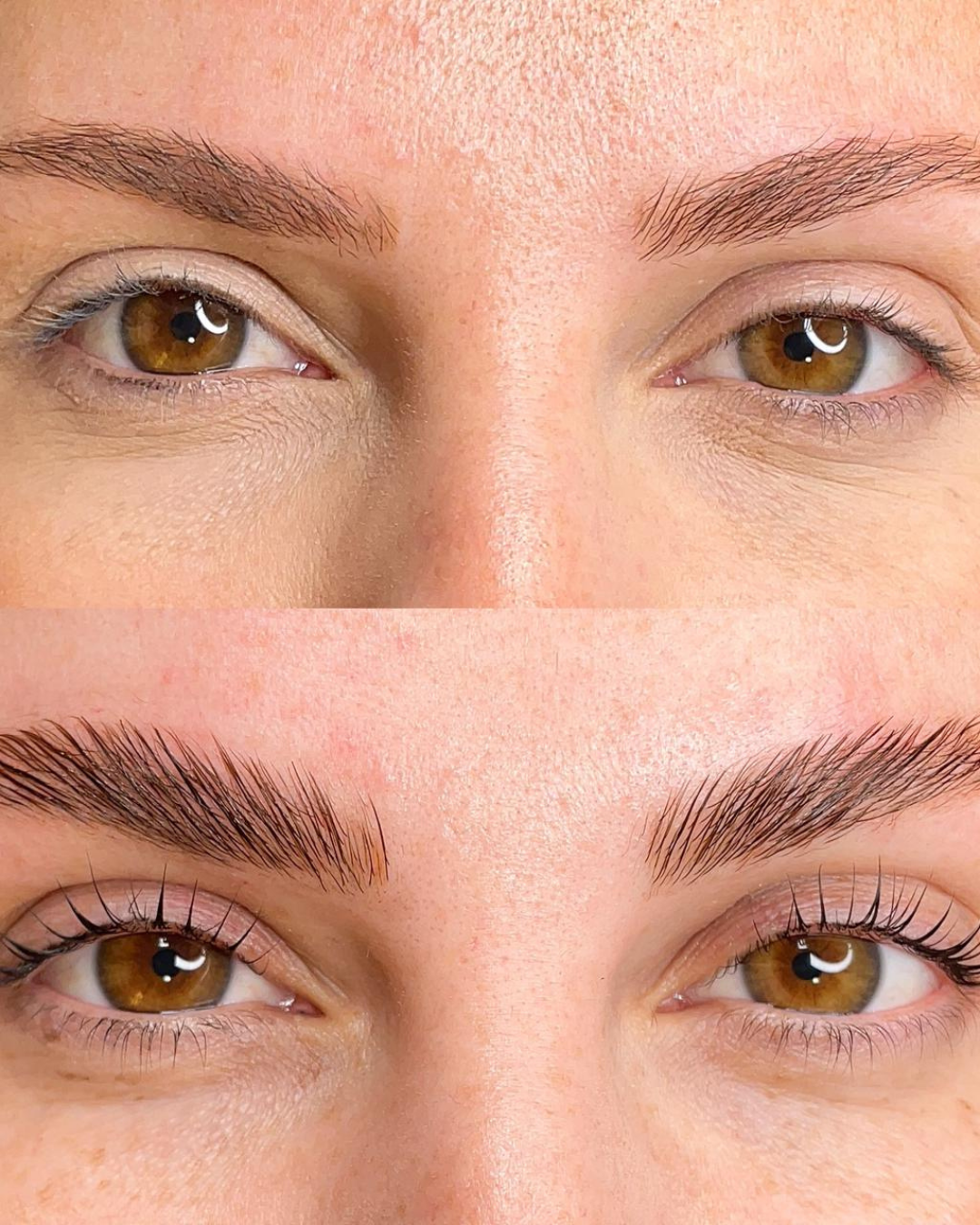 Imagem com duas fotos close-up de olhos humanos, um acima do outro, mostrando diferentes estilos de sobrancelhas e cílios. A foto superior apresenta sobrancelhas mais finas e cílios naturais, enquanto a inferior mostra sobrancelhas mais cheias e cílios alongados e curvados.