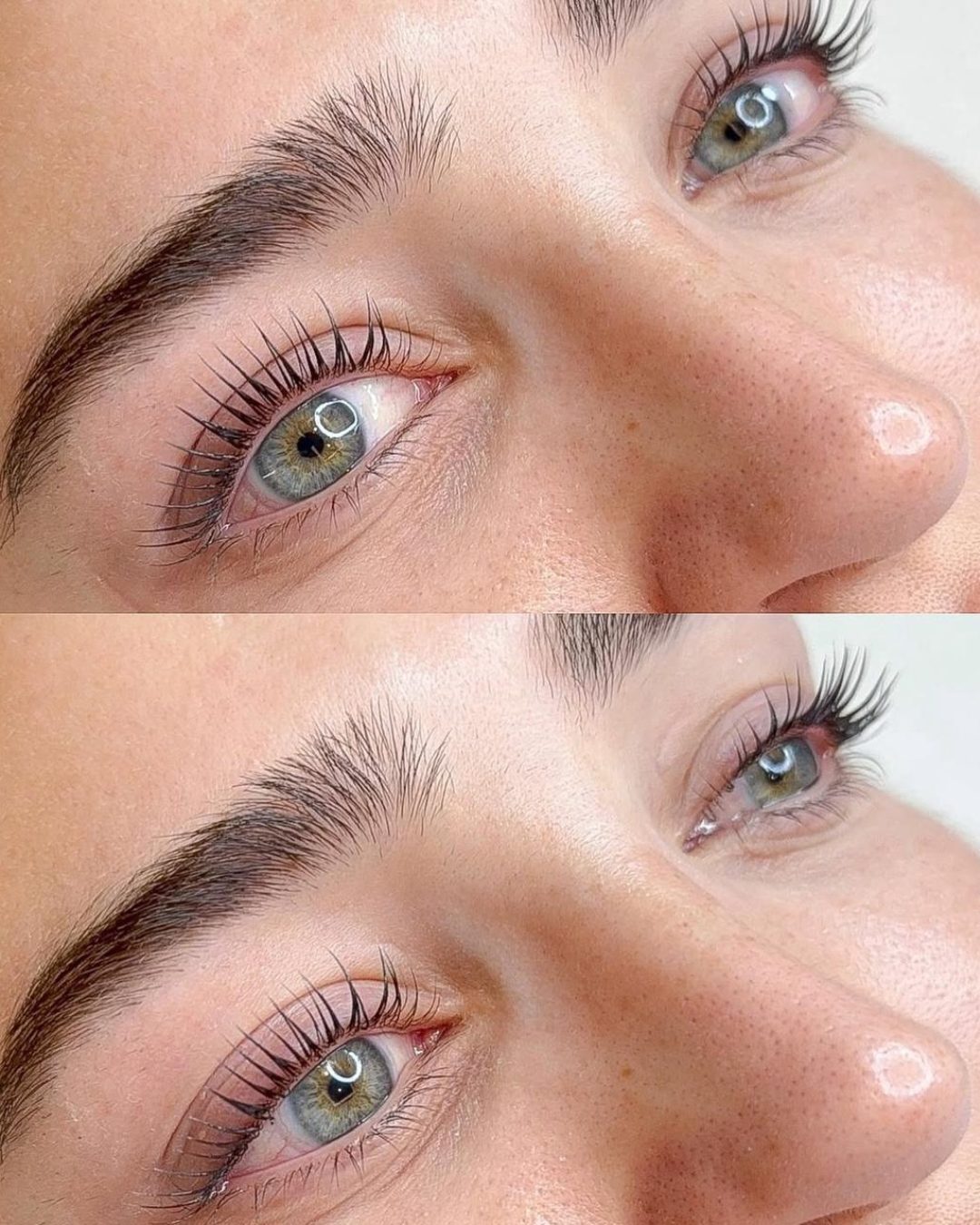 Close-up de olhos de uma pessoa com cílios alongados e sobrancelhas bem definidas, focando nos detalhes dos olhos azuis e da pele natural.