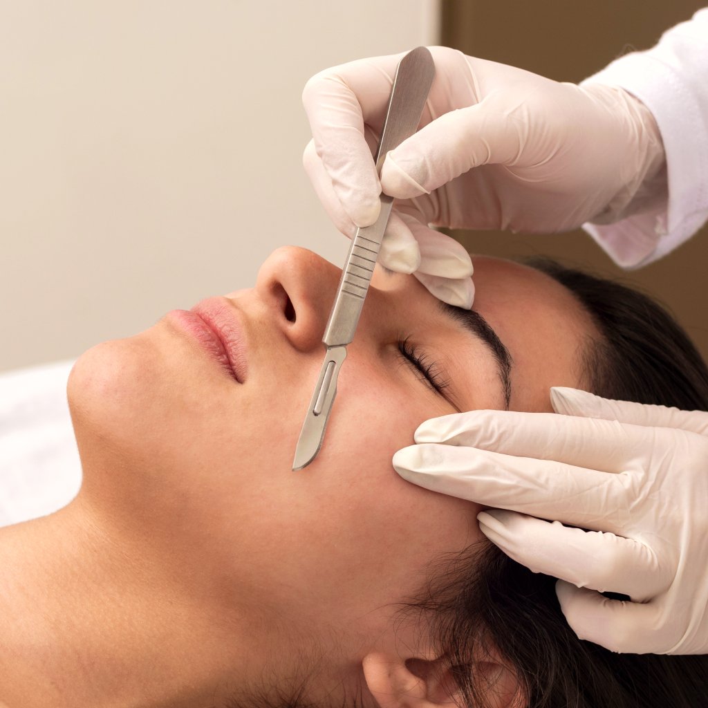 Paciente recebendo procedimento estético facial de dermaplaning com um bisturi, enquanto um profissional com luvas realiza o procedimento.